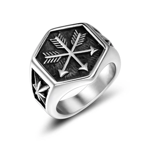 Retro punk titanium steel signet ring with arrow pattern and maple leaf texture detail