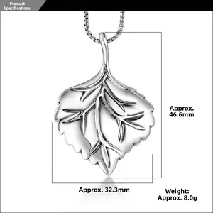 Detail showing vintage silver leaf pendant dimensions measuring 46.6mm high and 32.3mm wide