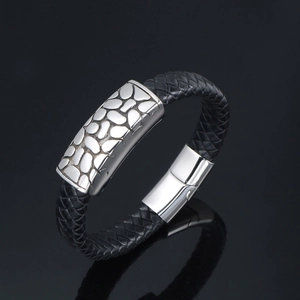 Mens black braided leather bracelet with pebble texture steel magnetic clasp