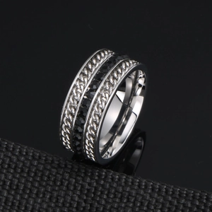 Titanium steel ring with black cubic zirconia inlay and punk chain textured details