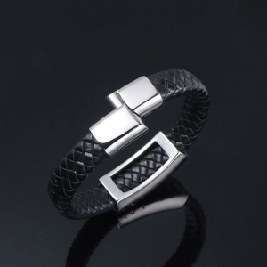 Fashionable braided titanium steel bracelet for men with black leather and silver buckle