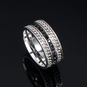 Punk style stainless steel ring with black zircons and silver cuban chain texture details