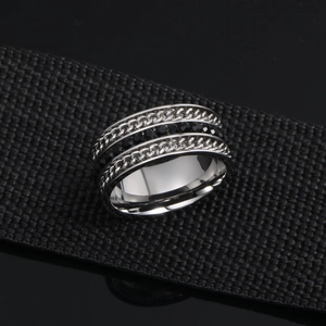Punk style stainless steel ring with black cubic zirconia and chain link texture