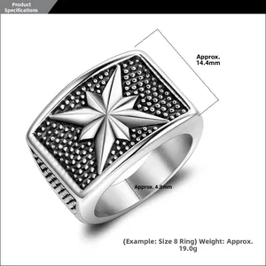 Macro detail of men's punk star ring showing width dimensions and vintage steel finish
