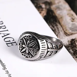 Men's titanium steel signet ring with compass star relief and wheat ear pattern detail
