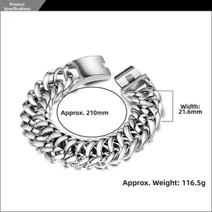 Detail view of 21.6mm wide polished stainless steel Cuban link bracelet for men