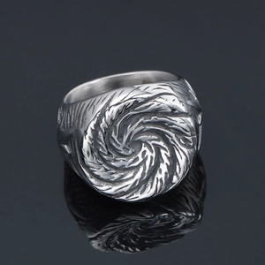 Titanium steel ring with spiral swirl relief and vintage oxidized silver finish