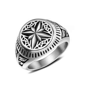 Vintage titanium steel ring for men featuring silver compass star design and woven patterns