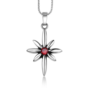 Punk Titanium Steel Cross Star Necklace Red Rhinestone Inlaid Geometric Pendant Vintage Unisex Trendy Jewelry Necklace