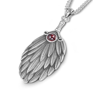 Vintage 316L Stainless Steel Feather Fan Pendant Necklace With Red Rhinestone Inlaid Gothic Ethnic Men Jewelry Gift