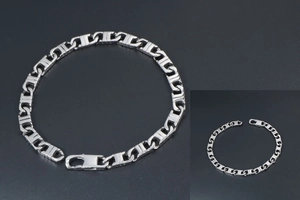 Detail of silver rectangular flat link chain bracelet with durable lobster clasp closure