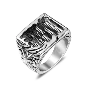 Vintage Titanium Steel City Skyline Signet Ring For Men Women Industrial Punk Style Embossed Architecture Pattern Band Ring Jewelry