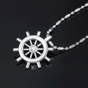 Silver stainless steel nautical rudder necklace for men featuring a center inlaid crystal