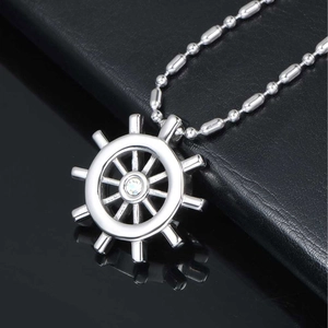 Nautical ship wheel pendant necklace in silver stainless steel with sparkling center crystal