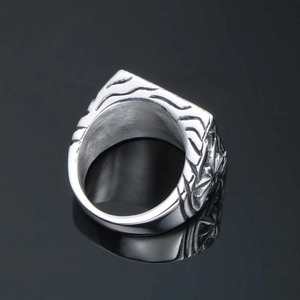 Polished titanium steel ring with unique textured grooves and retro silver finish