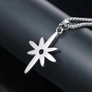 Punk style titanium steel sunburst necklace with red gemstone and box chain pendant