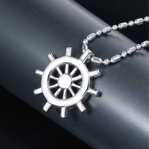Polished silver rudder pendant necklace with metal ball chain for nautical ocean style