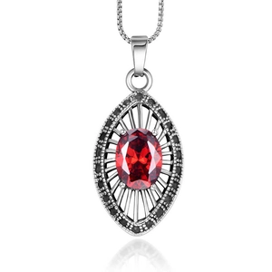Vintage Stainless Steel Red Zirconia Pendant Necklace For Women Filigree Mesh Teardrop Leaf Shape Gothic Punk Fashion Jewelry Gift