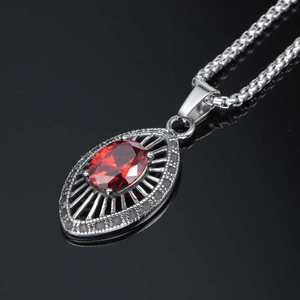Elegant titanium steel necklace featuring a teardrop ruby pendant with mesh hollow design