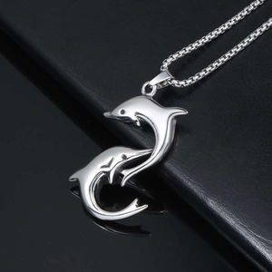 Polished silver titanium steel double dolphin pendant necklace with a round box chain