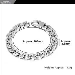Specifications of silver stainless steel curb chain bracelet measuring 205mm long and 8.8mm wide