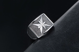 Macro shot of punk titanium steel ring featuring an eight-pointed star and grain texture