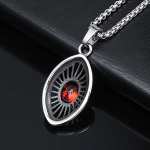 Titanium steel necklace with red ruby zircon drop pendant on textured black leather