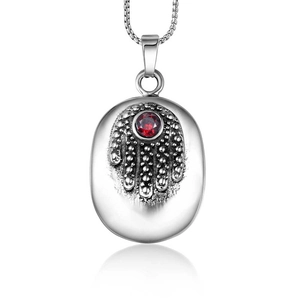 Vintage Titanium Steel Hamsa Hand Pendant Necklace For Men Women Silver Stainless Steel Oval Embossed Necklace With Red Rhinestone Religious Jewelry Gift
