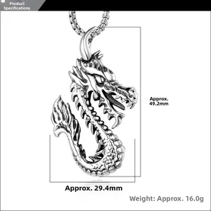 Dimensions du pendentif dragon vintage montrant une hauteur de 49,2mm et 29,4mm de large