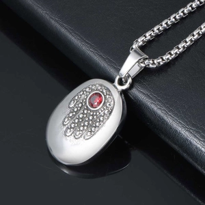 Vintage steel Hamsa Hand oval pendant necklace with red gemstone and square link chain