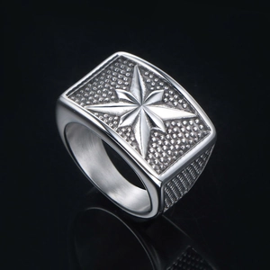 Men's punk octagram signet ring in distressed titanium steel with textured star detail