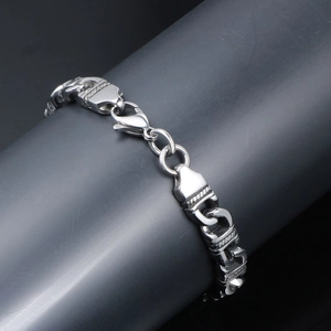 Men's silver stainless steel chain bracelet with heavy punk style links and lobster clasp