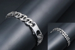 Bracelet chaîne en acier inoxydable poli style industriel avec fermoir à ressort carré