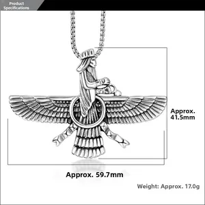 Macro shot of silver Faravahar pendant with detailed wing texture and dimensions