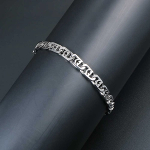 Sleek unisex titanium steel chain bracelet with geometric link design on black display