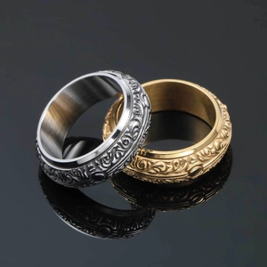 Retro titanium steel ring with gold-plated Buddhist mantra relief patterns for men