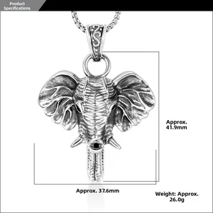 Detailed size chart of vintage titanium steel elephant pendant with dimensions and weight