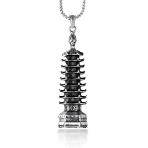 Collana con Ciondolo a Pagoda in Acciaio Inossidabile Vintage per Uomo Pendente a Torre Architettonica Retrò Gioielli Moda