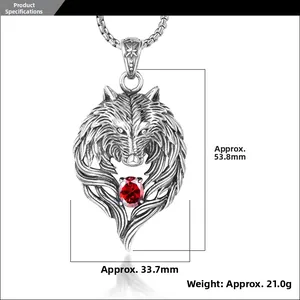 Wolf head pendant necklace in antique silver with red gemstone and size dimensions