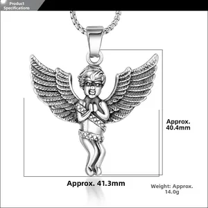 Macro view of titanium steel angel pendant showing 40.4mm height and 41.3mm width