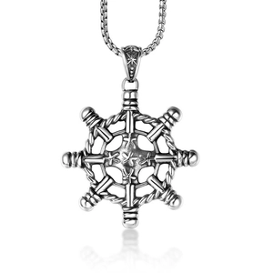 Vintage Stainless Steel Ship Wheel Helm Pendant Necklace For Men Retro Punk Nautical Jewelry Antique Silver Star Necklace