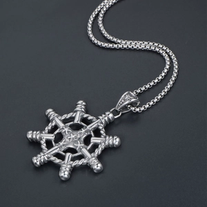 Retro stainless steel ship wheel pendant necklace with compass star for men