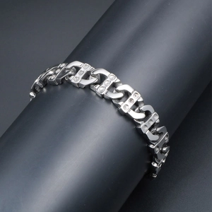 Bracelet à maillons minimaliste en acier titane argenté avec cristaux blancs pour hommes et femmes
