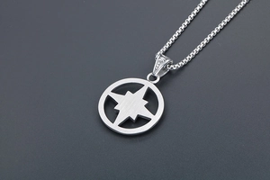 Detailed view of matte silver compass star pendant with brushed finish and box chain