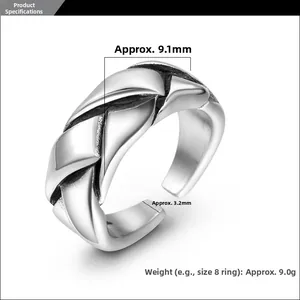 Detailed view of woven stainless steel ring showing 9.1mm width and 3.2mm thickness