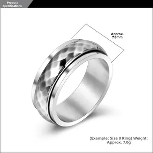Detail view of silver spinner ring showing 7.8mm width and 7.0g weight specifications