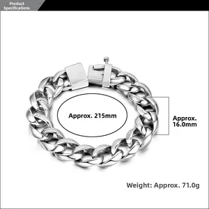 Detailed view of silver stainless steel curb chain with size labels and buckle detail
