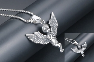 Detailed view of angel prayer pendant in vintage silver with thick round box chain