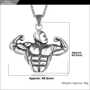 Detailed view of titanium steel fitness pendant showing 48.8mm width and muscle man design