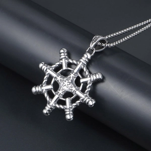 Men's silver-tone stainless steel nautical helm pendant necklace with box chain